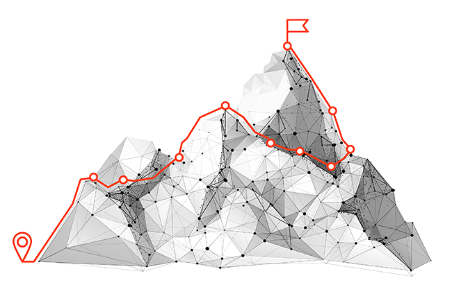 mountain with red trail leading to red flag at the top of the mountain